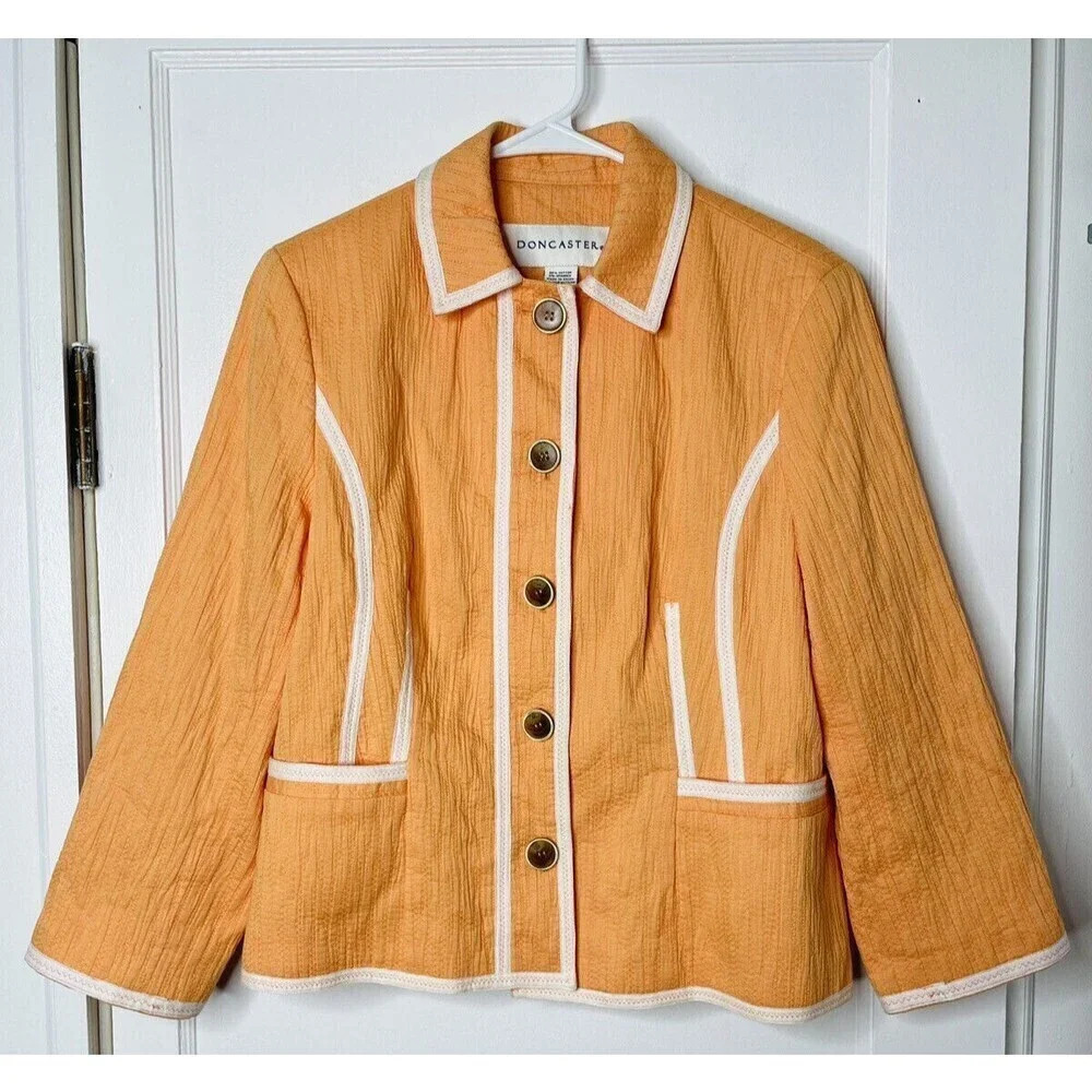 Doncaster Womens Button Up Jacket Sz 16 Orange Cotton Blazer 3/4 Sleeve